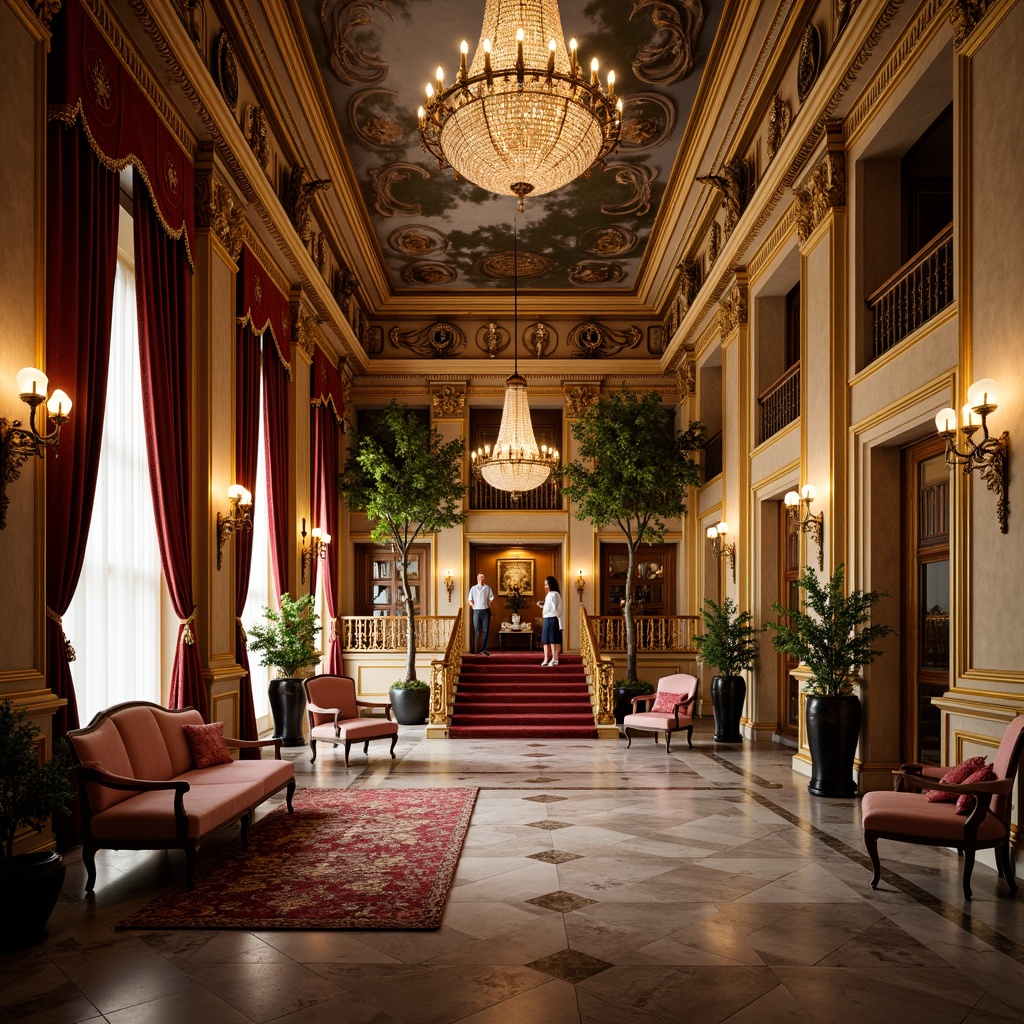 Prompt: Opulent interior, luxurious furnishings, ornate moldings, gold accents, velvet drapes, marble floors, crystal chandeliers, grand staircases, intricate carvings, lavish decorations, rich textiles, majestic ceilings, regal atmosphere, warm golden lighting, shallow depth of field, 2/3 composition, realistic reflections, ambient occlusion.