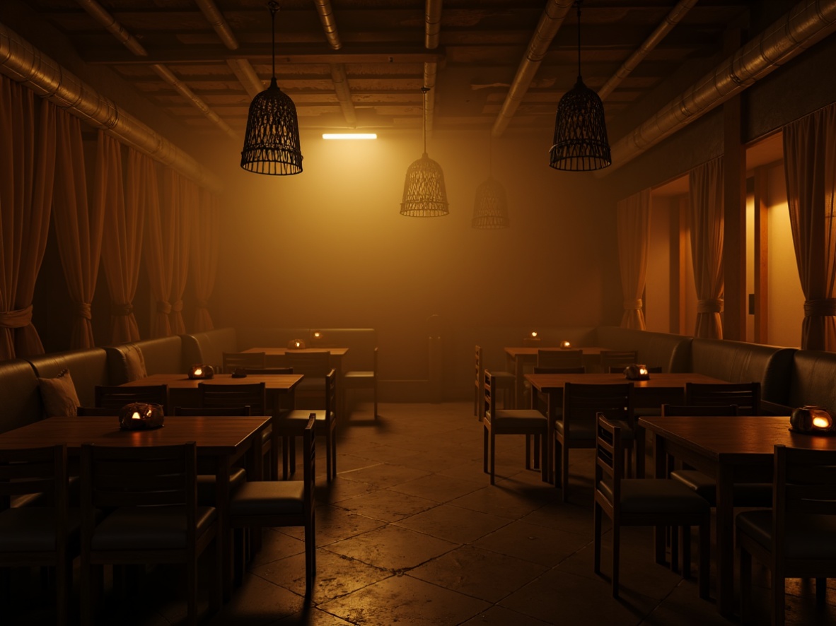 Prompt: Moody atmospheric scene, warm golden lighting, soft shadows, cozy ambiance, rustic wooden accents, vintage metal lanterns, dimmable LED lights, layered curtains, sheer fabrics, natural textiles, earthy color palette, misty foggy atmosphere, mysterious darkness, dramatic spotlighting, subtle gradient effects, cinematic composition, high contrast ratio, ambient occlusion, realistic reflections.