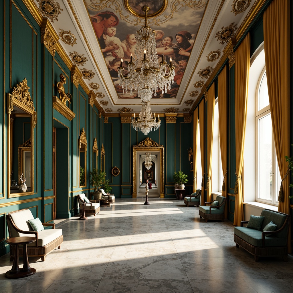 Prompt: Luxurious neoclassical interior, ornate moldings, gilded accents, marble flooring, crystal chandeliers, velvet upholstery, rich jewel tones, emerald green walls, navy blue ceilings, golden yellow drapes, creamy white trim, intricate fresco patterns, ornate mirrors, bronze fixtures, soft warm lighting, dramatic shadows, 1/1 composition, realistic textures, ambient occlusion.