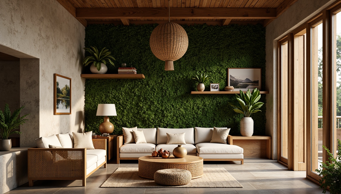 Prompt: Earthy tones, reclaimed wood accents, living green walls, organic shapes, natural stone flooring, bamboo textures, woven fibers, rattan furniture, earthy ceramics, botanical patterns, nature-inspired sculptures, serene ambiance, soft warm lighting, shallow depth of field, 3/4 composition, panoramic view, realistic textures, ambient occlusion.