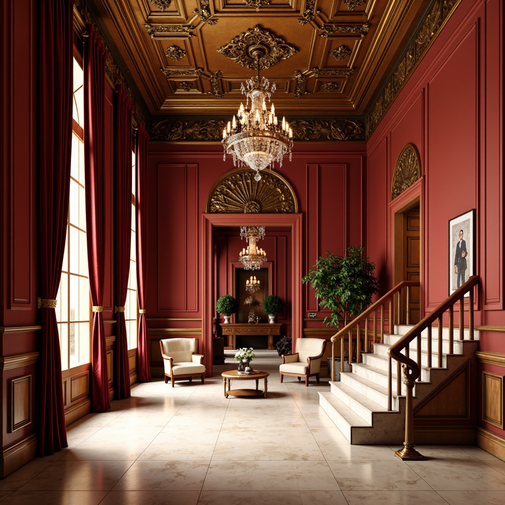 Prompt: Rich velvet drapes, gold leaf accents, ornate chandeliers, intricate moldings, lavish furnishings, crimson red walls, cream marble floors, grand staircase, ornamental railings, Baroque-inspired details, soft warm lighting, dramatic spotlights, 1/1 composition, shallow depth of field, realistic textures, ambient occlusion.