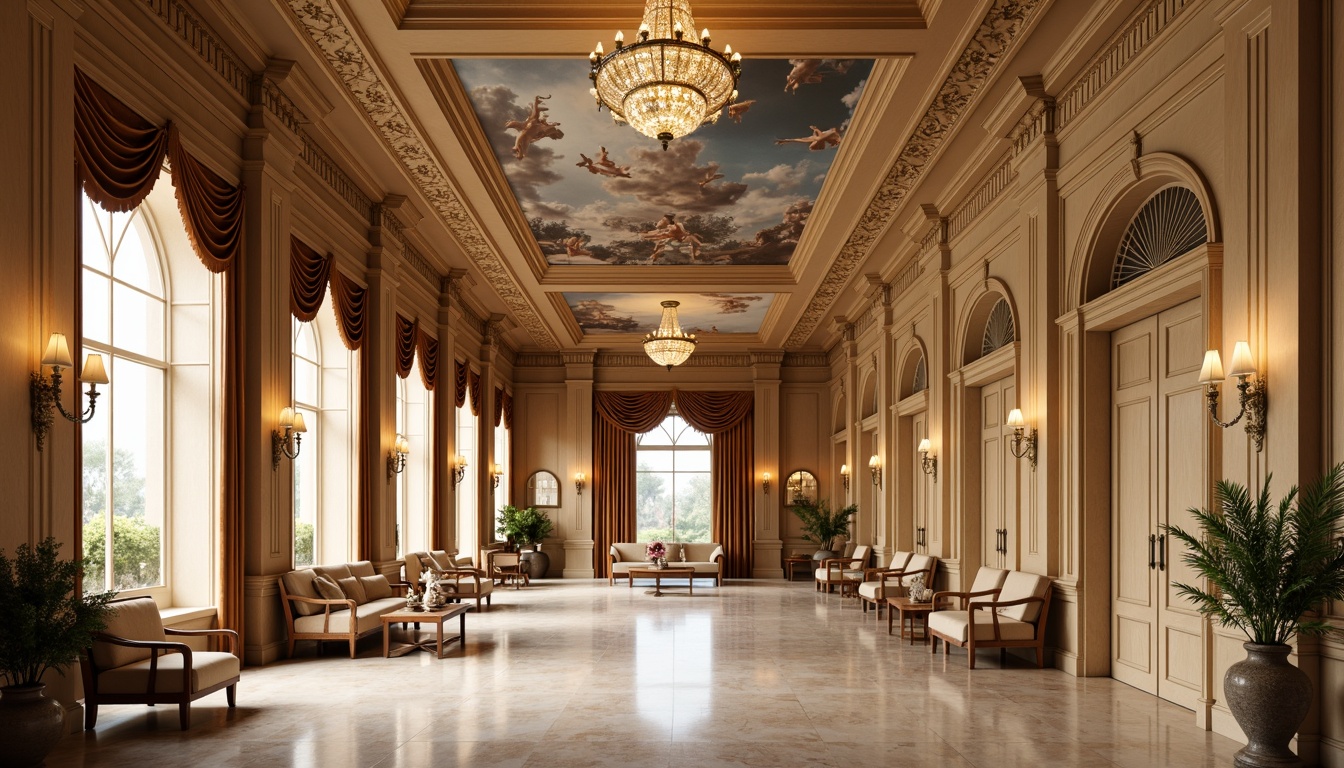 Prompt: Grand neoclassical mansion, ornate moldings, rich wood paneling, polished marble floors, crystal chandeliers, luxurious velvet drapes, intricate fresco ceilings, soft golden lighting, warm beige walls, elegant furnishings, refined architectural details, sophisticated color palette, high-gloss finishes, subtle texture variations, 1/1 composition, symmetrical arrangement, serene atmosphere, realistic reflections, ambient occlusion.