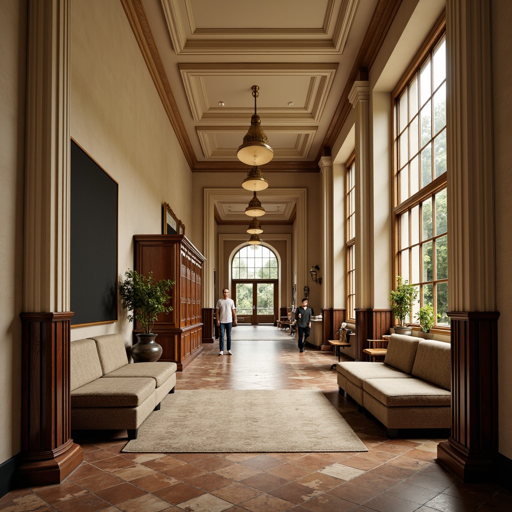 Prompt: Elegant middle school hallway, ornate columns, marble flooring, wooden lockers, vintage-inspired chalkboards, rich wood tones, comfortable sofas, plush area rugs, subtle archways, classic pendant lamps, warm beige walls, soft natural lighting, shallow depth of field, 1/1 composition, realistic textures, ambient occlusion.