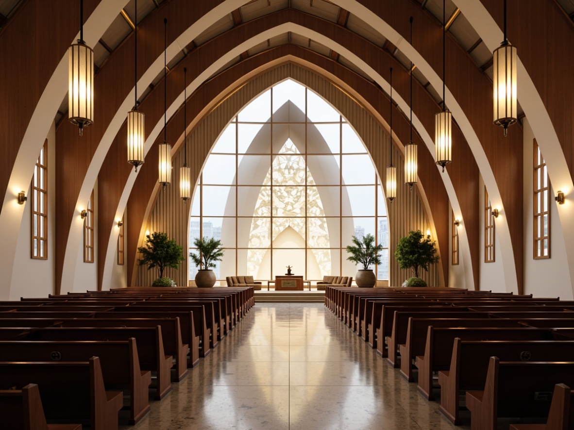 Prompt: Elegant place of worship, minimalist interior design, curved lines, rounded arches, sacred symbols, subtle lighting effects, suspended light fixtures, polished chrome accents, frosted glass diffusers, warm ambient glow, softbox lighting, indirect illumination, LED strip lights, contemporary chandeliers, geometric patterns, abstract stained-glass windows, reflective marble floors, luxurious velvet drapes, ornate metalwork, 3/4 composition, shallow depth of field, realistic textures, ambient occlusion.