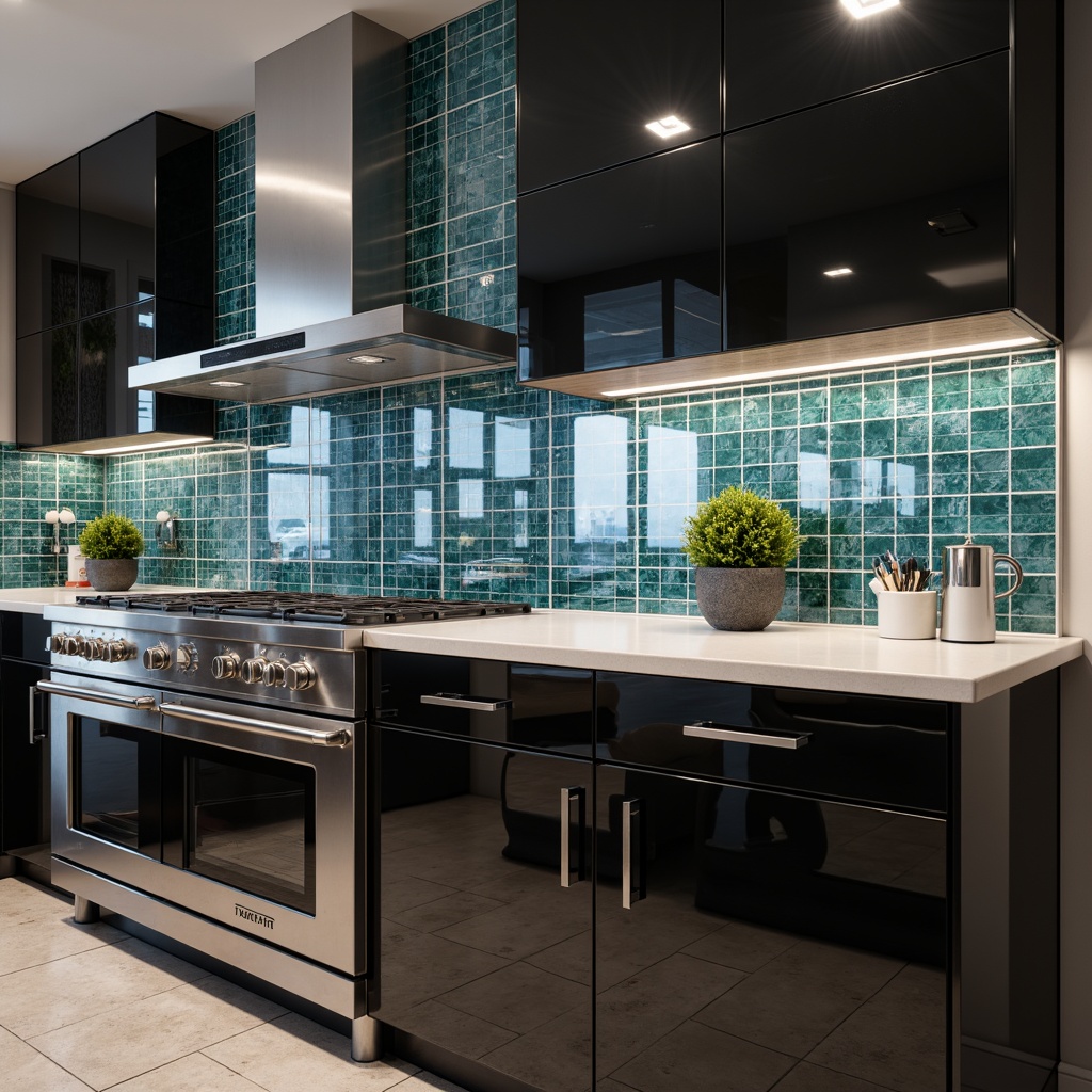 Prompt: Glossy modern kitchen, streamline backsplash design, sleek glass tiles, stainless steel appliances, minimalist cabinetry, quartz countertops, LED lighting, urban cityscape, industrial chic decor, metallic accents, polished chrome fixtures, geometric patterns, 3D texture, shallow depth of field, 1/2 composition, natural daylight, soft warm glow.Please let me know if this meets your requirements!