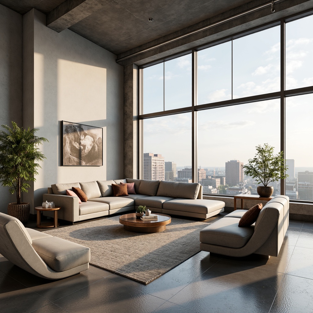 Prompt: Minimalist modern living room, sleek low-profile furniture, polished chrome accents, neutral color palette, textured rug, floor-to-ceiling windows, natural daylight, soft warm lighting, 1/1 composition, shallow depth of field, realistic reflections, ambient occlusion, open-plan layout, functional zones, flowing curves, geometric shapes, industrial-chic decor, metallic tones, matte finishes, urban loft atmosphere, modern art pieces, greenery accents, airy feel, panoramic view.