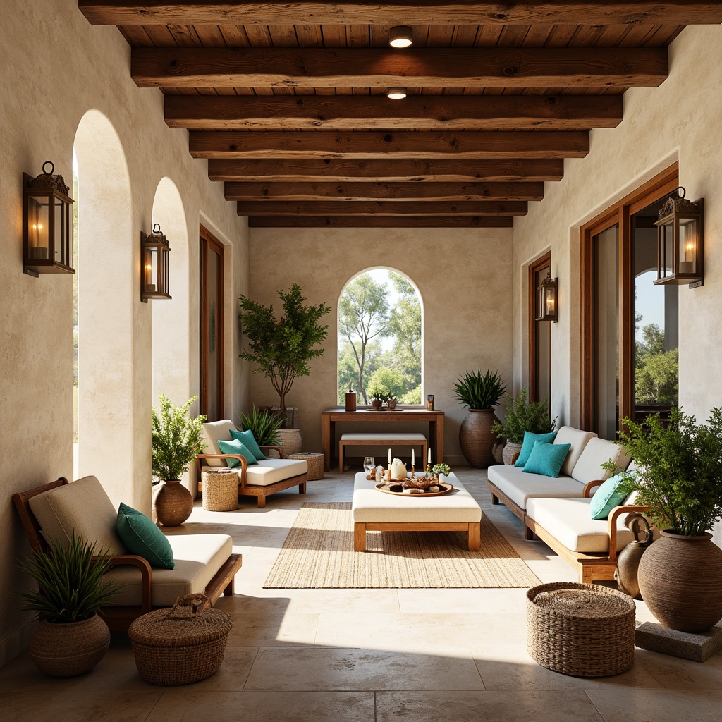 Prompt: Warm Mediterranean interior, soft warm lighting, rustic stone walls, distressed wood beams, earthy color palette, creamy whites, turquoise accents, ornate metal lanterns, pendant lights, candles, natural textiles, woven baskets, lush greenery, potted plants, large windows, sliding glass doors, sun-drenched rooms, ambient glow, subtle shadows, 1/1 composition, realistic renderings, detailed textures.