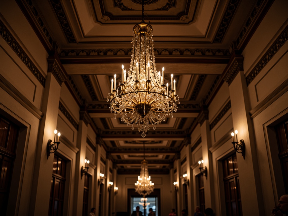 Prompt: Ornate chandeliers, crystal droplets, gilded metalwork, soft warm glow, candle-like lighting, elegant sconces, intricate plasterwork, high ceilings, ornamental moldings, rich wood tones, velvety drapery, subtle shadows, 1/1 composition, low-key lighting, ambient occlusion, realistic textures, luxurious atmosphere.