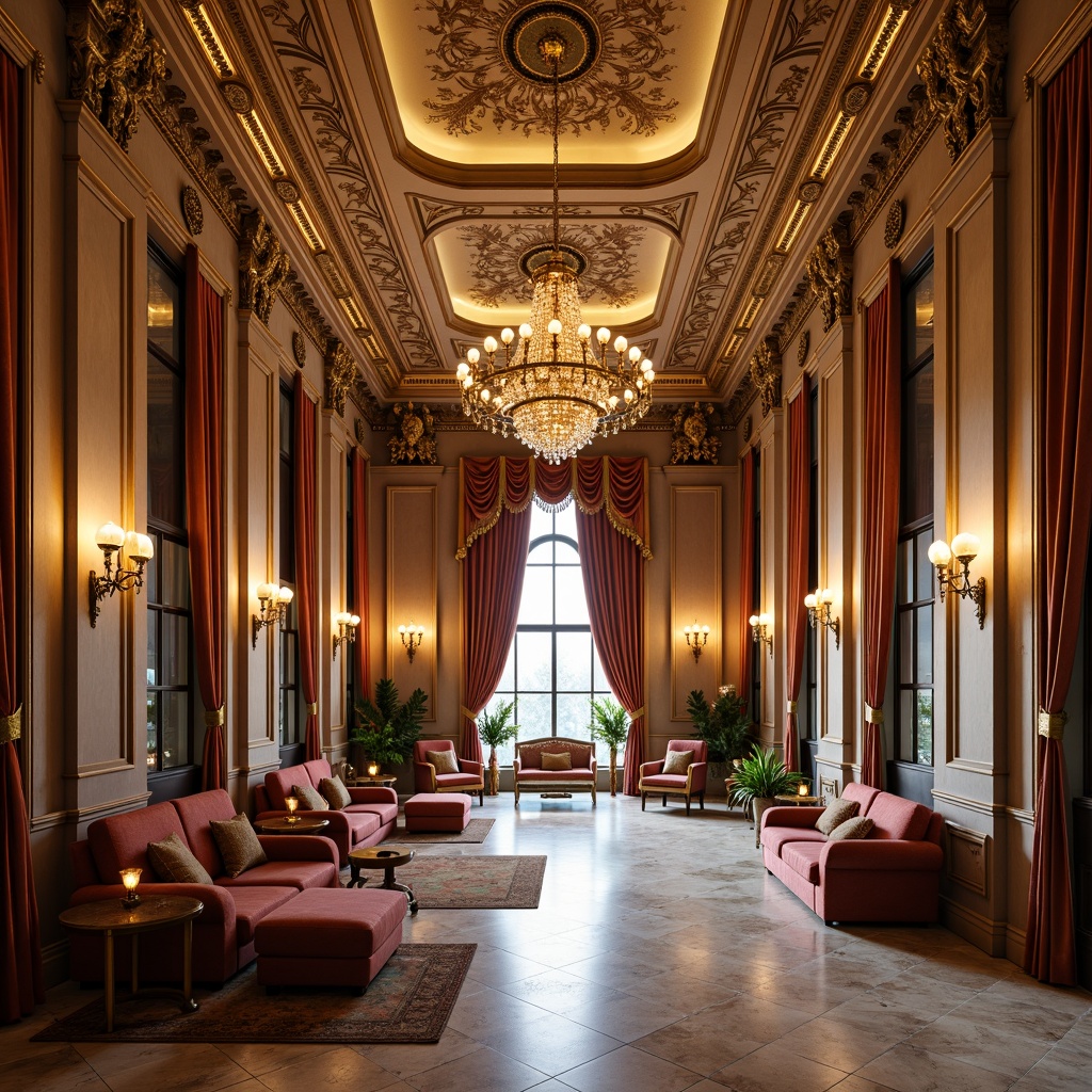 Prompt: Luxurious interior space, ornate moldings, intricate carvings, gilded details, grand chandelier, lavish furnishings, rich textiles, velvet drapes, marble flooring, ornamental ceiling, symmetrical composition, warm golden lighting, soft focus, shallow depth of field, 1/1 aspect ratio, realistic rendering, ambient occlusion.