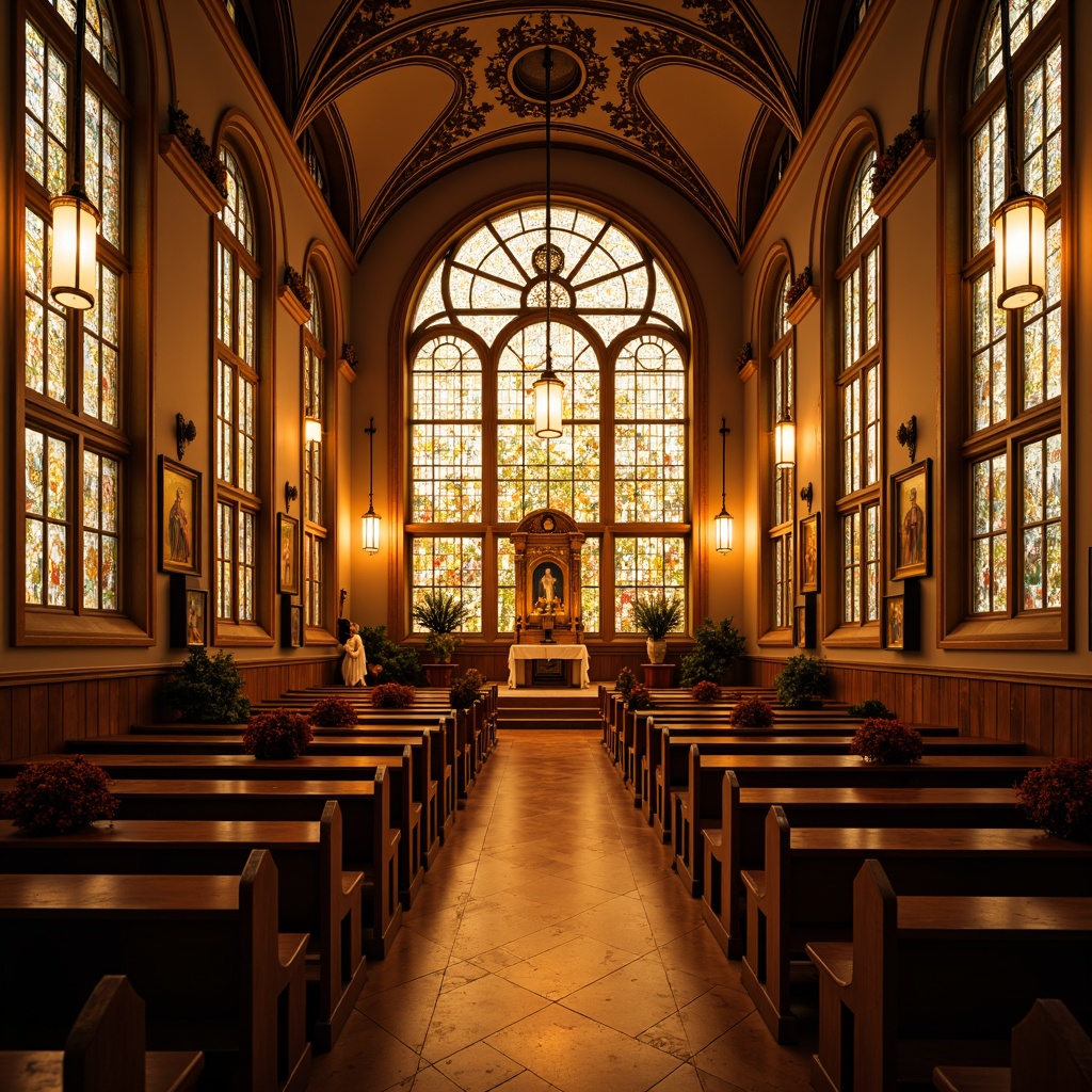 Prompt: Elegant church interior, stunning stained glass windows, warm golden lighting, ornate chandeliers, suspended lanterns, subtle ambient illumination, dramatic spotlights, sacred altar, polished wooden pews, vibrant religious artwork, soft warm glow, gentle color temperature, 1/1 composition, symmetrical balance, realistic textures, subtle shading.