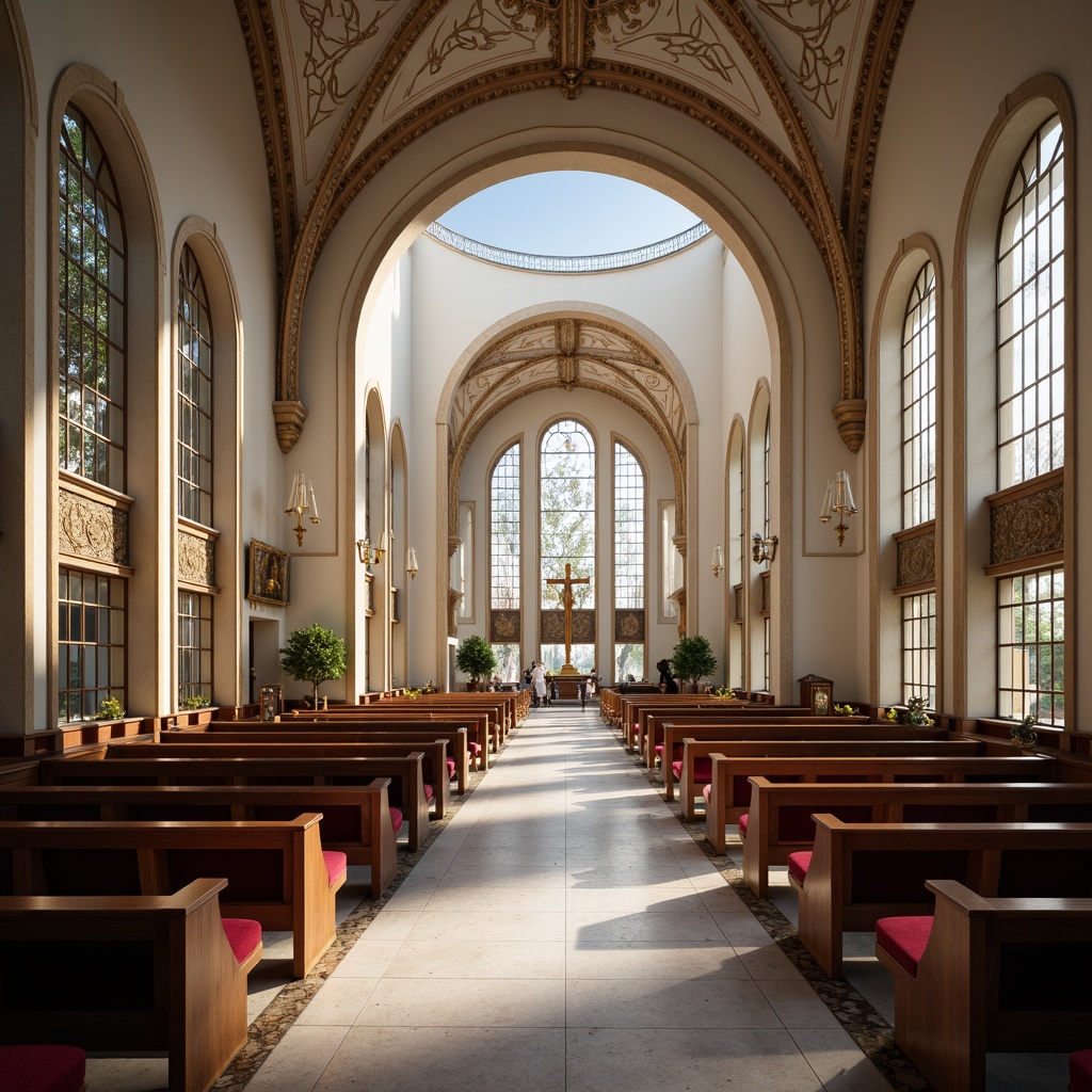 Prompt: Ethereal worship space, curved lines, minimal ornamentation, sleek metallic accents, polished marble floors, vaulted ceilings, stained glass windows, subtle natural light, dramatic spotlights, abstract geometric patterns, luxurious velvet upholstery, ornate wooden pews, sacred relics, golden accents, intricate mosaics, ambient misting system, soft warm glow, shallow depth of field, 2/3 composition, symmetrical framing, realistic textures, atmospheric lighting.