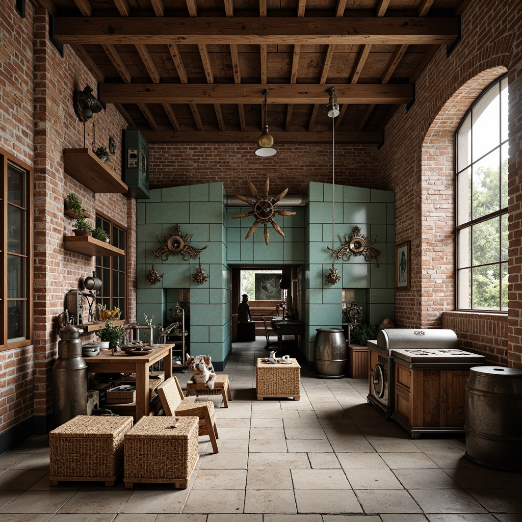 Prompt: Rustic industrial factory, distressed wooden beams, exposed brick walls, vintage metal machinery, ornate ironwork, decorative ceramic tiles, turquoise accents, natural stone floors, reclaimed wood crates, woven wicker baskets, earthy color palette, warm soft lighting, shallow depth of field, 1/1 composition, realistic textures, ambient occlusion.