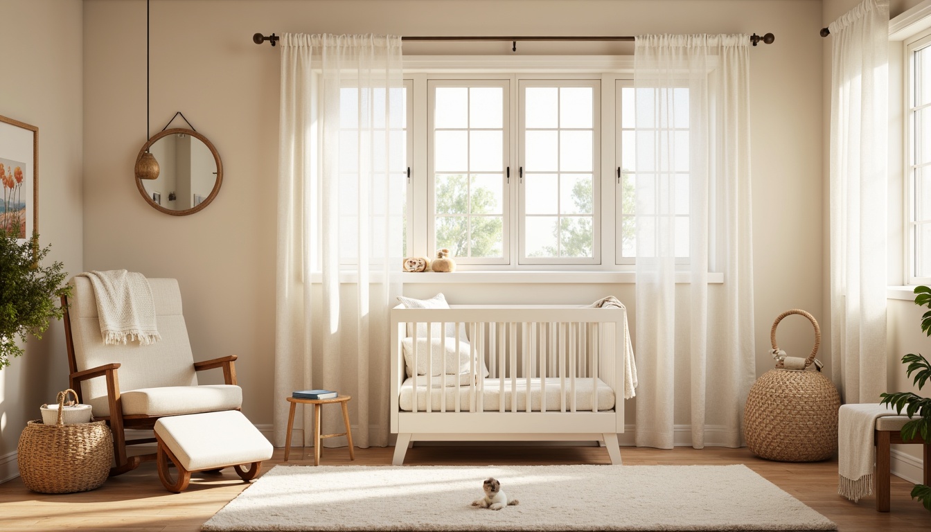 Prompt: Soft baby room, gentle nursery rhymes, calming pastel colors, plush area rugs, comfortable gliders, cozy throw blankets, delicate lace curtains, warm beige walls, soothing natural fabrics, breathable cotton materials, hypoallergenic textiles, subtle sheen, gentle draping, soft folds, warm neutral tones, serene ambiance, peaceful atmosphere, shallow depth of field, 1/1 composition, warm softbox lighting.