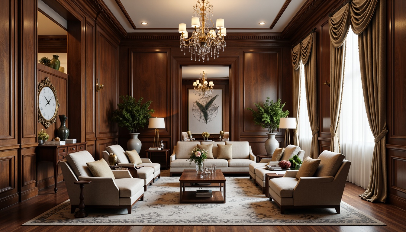 Prompt: Elegant living room, ornate moldings, intricate carvings, luxurious fabrics, rich wood tones, sophisticated furniture, crystal chandeliers, opulent drapery, lavish textures, neutral color palette, soft warm lighting, shallow depth of field, 1/1 composition, realistic renderings, ambient occlusion.