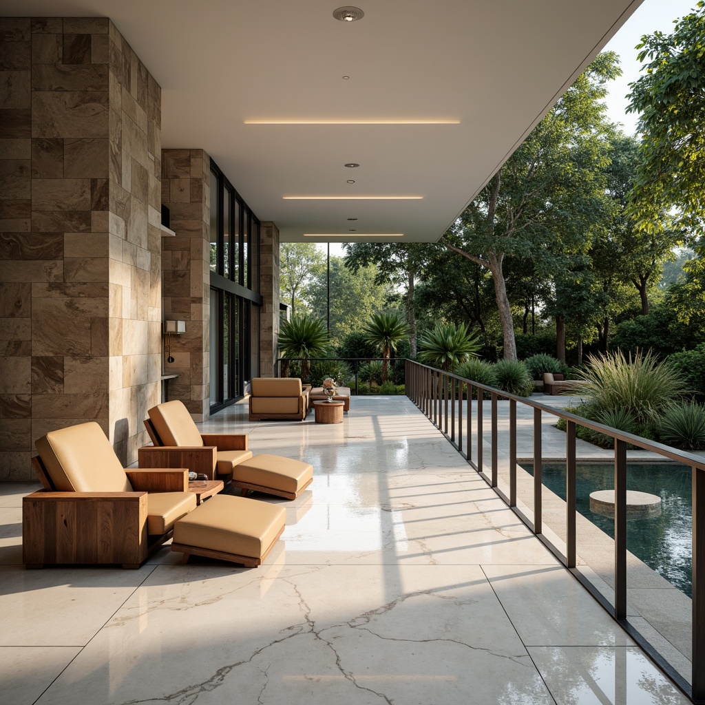 Prompt: Polished marble floors, sleek metal railings, warm wooden accents, soft leather upholstery, modern minimalist furniture, natural stone feature walls, floor-to-ceiling windows, abundant greenery, calming water features, soft diffused lighting, subtle gradient colors, 3/4 composition, shallow depth of field, realistic textures, ambient occlusion.