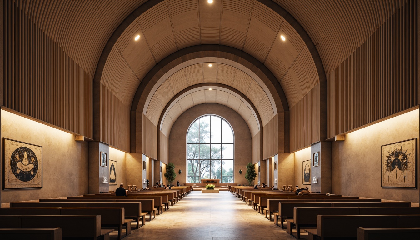 Prompt: Elegant worship hall, curved lines, minimal ornamentation, vaulted ceilings, ribbed arches, stained glass windows, natural stone flooring, polished marble altars, sleek metal accents, subtle ambient lighting, shallow depth of field, 3/4 composition, panoramic view, realistic textures, ambient occlusion, futuristic pews, minimalist lecterns, sacred symbols, geometric patterns, celestial-inspired murals, soft warm glow, morning light, peaceful atmosphere.