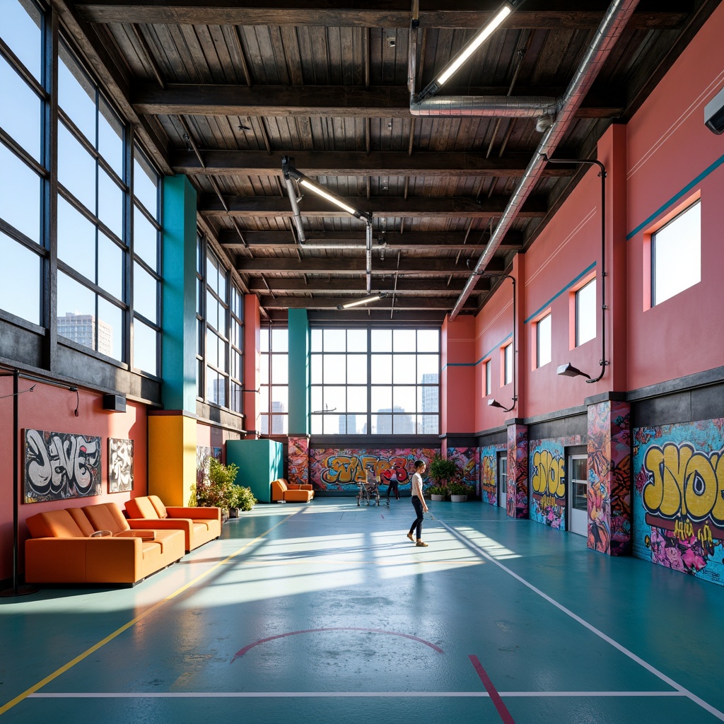 Prompt: Vibrant gymnasium interior, postmodernist style, bold color blocking, neon accents, geometric shapes, industrial metal beams, exposed ductwork, polished concrete floors, dynamic lighting, 80s-inspired pastel hues, electric blue, hot pink, sunshine yellow, deep turquoise, bright coral, abstract graffiti murals, distressed textures, urban cityscape views, morning sunlight, high-contrast shadows, cinematic atmosphere, 2.35