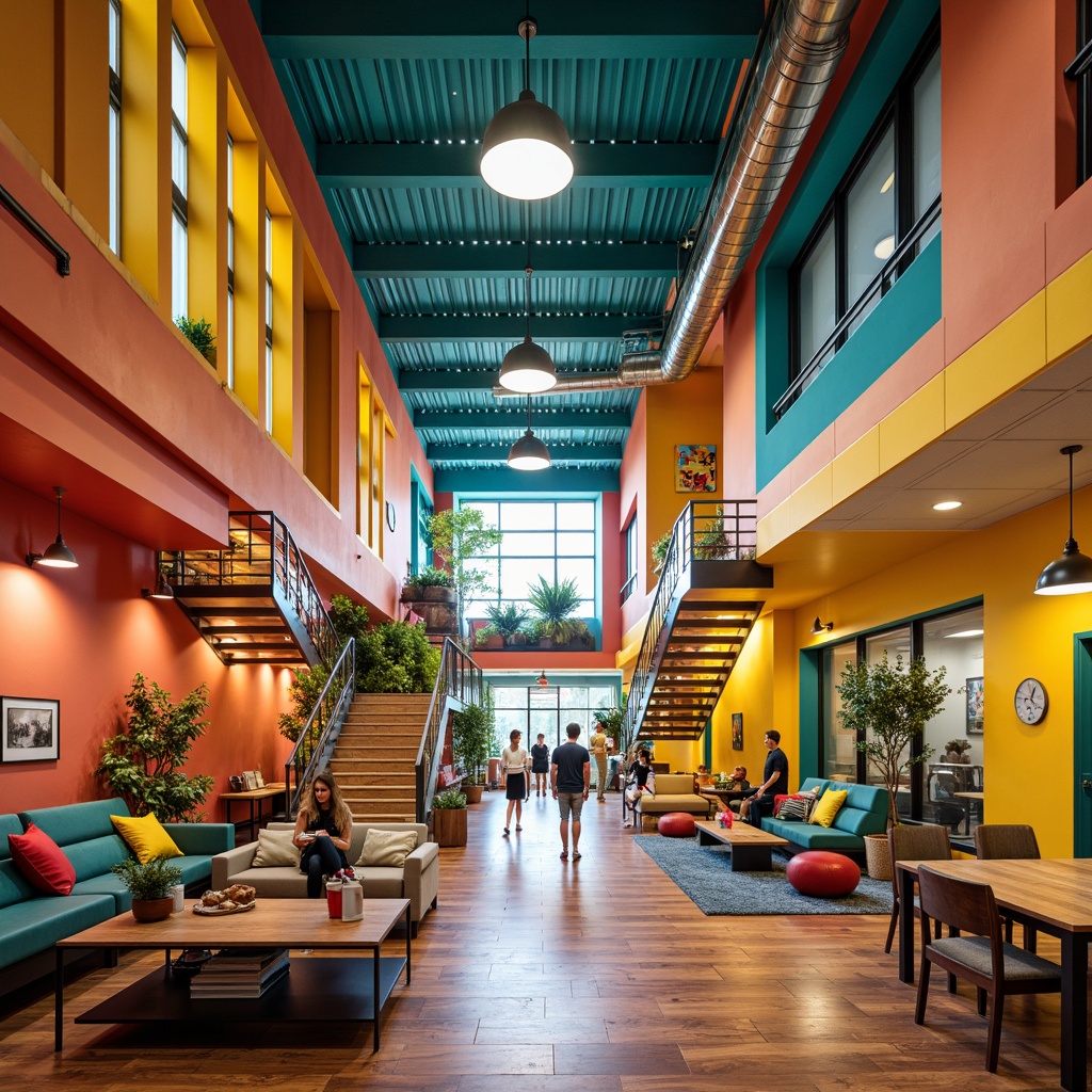 Prompt: Vibrant student hall, expressionist architecture, bold color palette, bright coral walls, turquoise accents, sunny yellow staircases, deep blue ceilings, geometric patterns, abstract murals, eclectic furniture, industrial metal beams, exposed ductwork, modern chandeliers, cozy reading nooks, collaborative workspaces, natural wood floors, warm atmospheric lighting, shallow depth of field, 1/2 composition, dynamic camera angles, gritty textures, ambient occlusion.