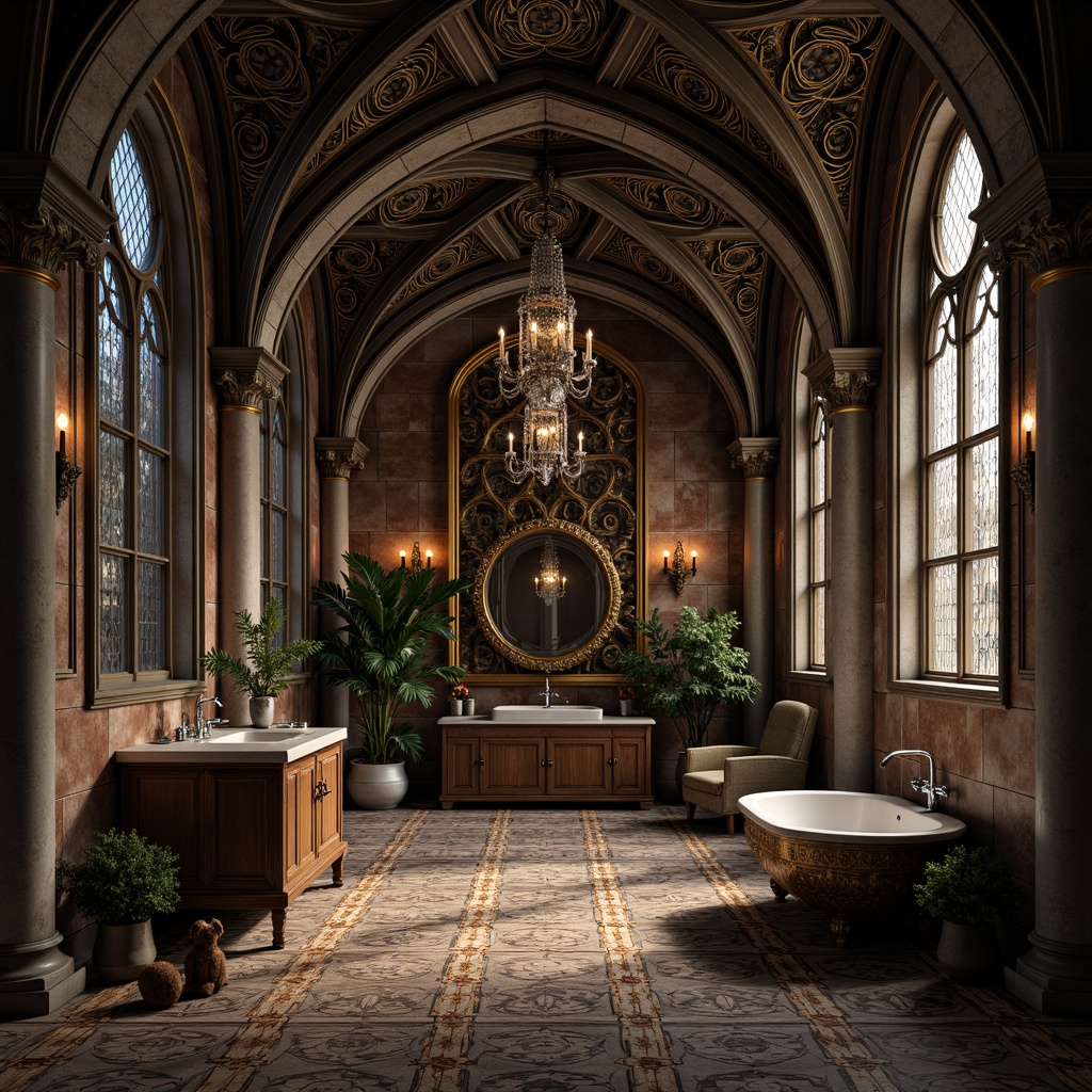 Prompt: Intricate gothic arches, ornate tile patterns, dark mysterious ambiance, luxurious bathroom setting, rich stone walls, medieval-inspired floors, hexagonal tiles, geometric mosaics, ornamental borders, golden accents, regal atmosphere, lavish furnishings, crystal chandeliers, dramatic lighting, high contrast colors, mysterious shadows, 1/1 composition, symmetrical view, realistic textures, ambient occlusion.