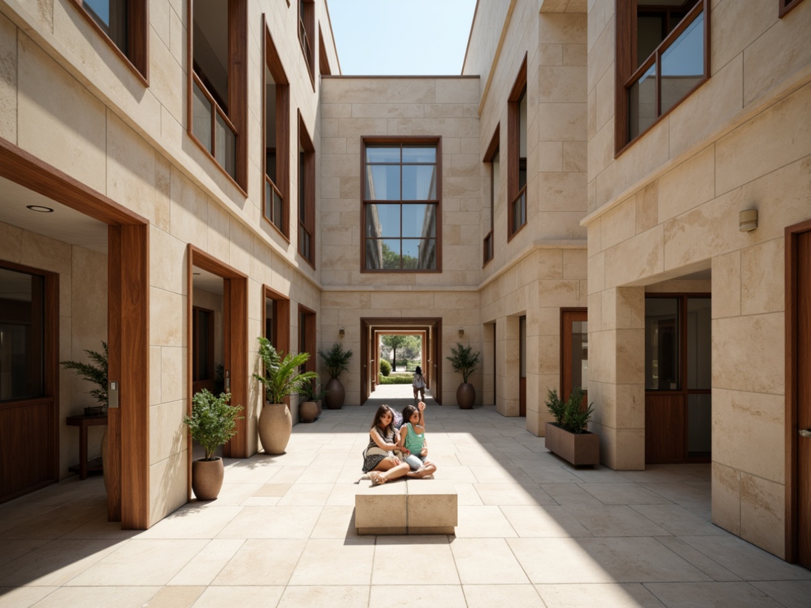 Prompt: Neutral-toned courthouse, modern architecture, clean lines, minimal ornamentation, subtle color scheme, earthy tones, beige stone walls, dark wood accents, polished metal fixtures, sleek glass doors, open atrium, natural light pouring in, soft shadows, realistic textures, ambient occlusion, shallow depth of field, 3/4 composition, panoramic view.