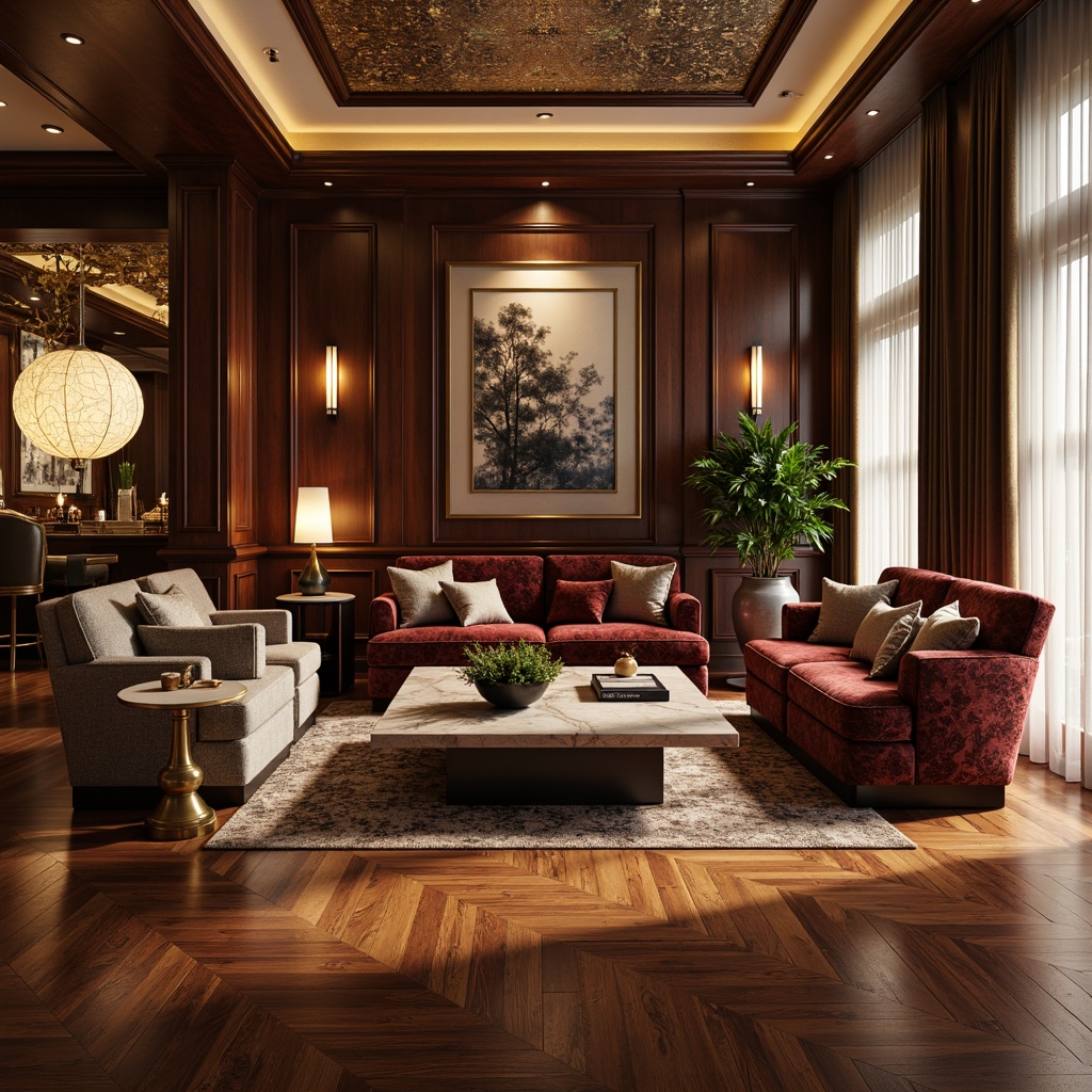 Prompt: Luxurious living room, streamline moderne style, high-gloss wood flooring, polished chrome accents, velvet sofas, marble coffee tables, metallic wallpaper, ambient floor lamps, soft warm lighting, 1/1 composition, shallow depth of field, realistic reflections, intricate geometric patterns, luxurious textiles, rich jewel tones, sophisticated color palette, opulent decorative accessories, elegant vases, modern abstract artwork.