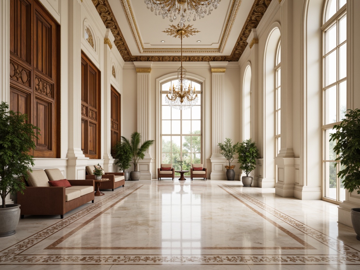 Prompt: \Grand neoclassical interior, luxurious marble floors, intricate inlays, ornate patterns, high-gloss finish, creamy white walls, tall columns, ornate moldings, crystal chandeliers, rich wood paneling, velvet upholstery, golden accents, soft warm lighting, shallow depth of field, 1/1 composition, realistic textures, ambient occlusion.\