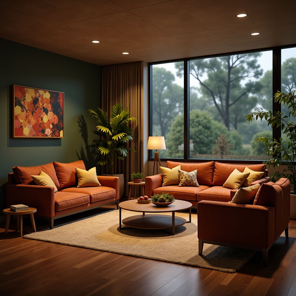 Prompt: Cozy living room, plush sofas, velvet armchairs, wooden coffee tables, soft cushions, warm lighting, intimate atmosphere, comfortable seating, stylish decor, modern minimalist design, sleek metal frames, rich leather upholstery, vibrant colorful throw pillows, natural fiber rugs, lush greenery, calm ambiance, shallow depth of field, 1/1 composition, realistic textures, ambient occlusion.