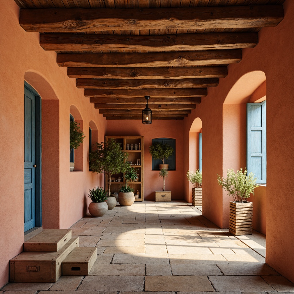 Prompt: Warm terracotta walls, distressed wooden beams, rustic metal accents, earthy ceramic tiles, soft sienna arches, natural linen fabrics, sun-bleached wooden crates, faded blue shutters, aged stone floors, vintage industrial lighting, warm golden lighting, shallow depth of field, 2/3 composition, realistic textures, ambient occlusion.