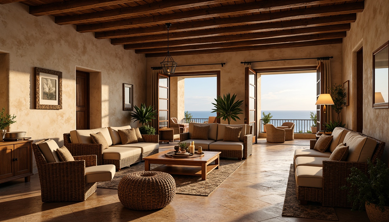 Prompt: Warm Mediterranean interior, rustic stone walls, wooden beam ceilings, ornate tile floors, vintage furniture pieces, soft warm lighting, table lamps, floor lamps, pendant lights, candles, lanterns, natural light pouring in, large windows, glass doors, balcony views, sea breeze, gentle ocean sounds, warm color palette, earthy tones, textured fabrics, woven baskets, natural materials, ambient occlusion, shallow depth of field, 3/4 composition, realistic textures.