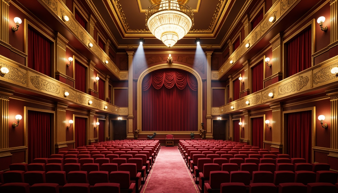 Prompt: Elegant auditorium, ornate golden balconies, red velvet seats, intricately carved wooden accents, majestic chandeliers, grandiose stage curtains, refined classical columns, ornamental moldings, luxurious crimson carpets, dramatic spotlights, warm soft lighting, 1/2 composition, intimate atmosphere, realistic fabric textures, subtle ambient occlusion.