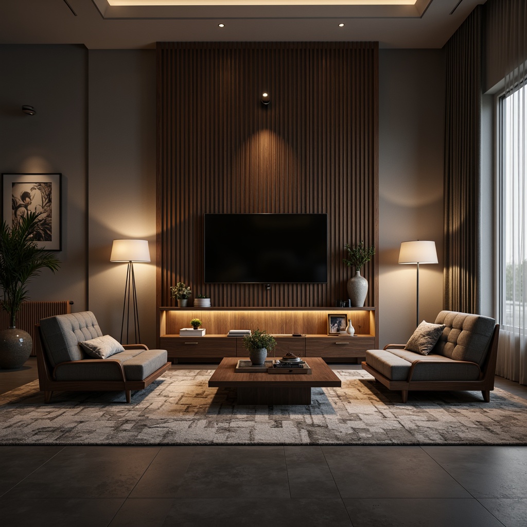 Prompt: Sleek modern living room, low-profile furniture, minimalist decor, curved lines, monochromatic color scheme, polished metal accents, rich wood tones, velvety upholstery, geometric patterns, tufted fabrics, ambient floor lamps, warm LED lighting, 1/1 composition, shallow depth of field, soft focus blur, realistic reflections.