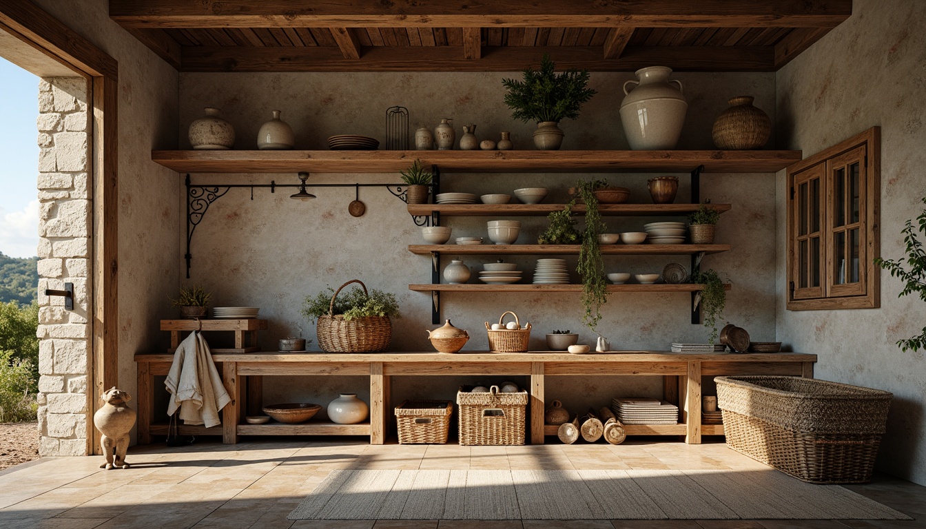 Prompt: Rustic storage room, distressed wood shelving, vintage metal brackets, worn stone walls, earthy color palette, soft warm lighting, ornate ironwork, decorative ceramic vases, woven wicker baskets, natural linen fabrics, antique furniture pieces, countryside views, rolling hills, blooming wildflowers, serene atmosphere, 1/1 composition, realistic textures, ambient occlusion.