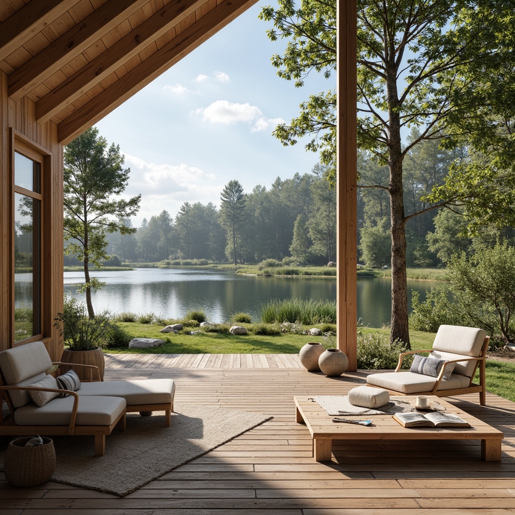 Prompt: Natural Nordic landscape, serene lakeside, rustic wooden cabins, minimalistic design, earthy tone color palette, mossy greens, weathered woods, creamy whites, soft blues, warm beige, cozy textiles, natural fabrics, woven baskets, minimalist furniture, sleek lines, functional decor, abundant natural light, airy atmosphere, shallow depth of field, 1/1 composition, realistic textures, ambient occlusion.