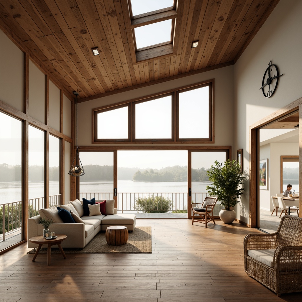 Prompt: Waterfront boathouse, rustic wooden accents, nautical decorations, large windows, sliding glass doors, skylights, clerestory windows, open floor plan, minimalist interior design, light-colored wood flooring, white walls, vaulted ceiling, exposed beams, natural textiles, woven furniture, soft warm lighting, diffused sunlight, reflective water views, serene lake atmosphere, misty morning, shallow depth of field, 1/2 composition, realistic renderings, ambient occlusion.