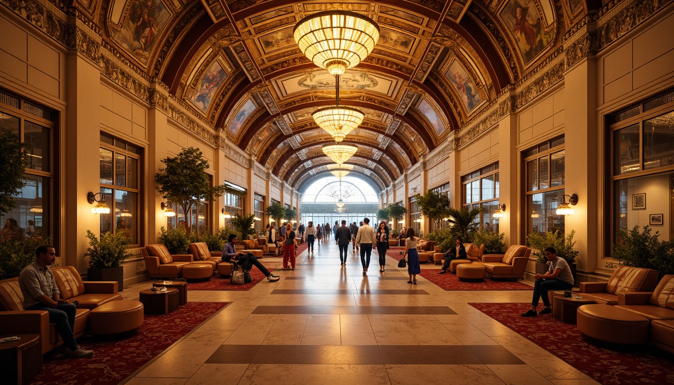 Prompt: Richly ornamented airport interior, luxurious Baroque style, warm golden lighting, intricate marble patterns, velvety red carpets, gilded accents, ornate wooden furniture, curved lines, opulent chandeliers, lavish frescoes, grandiose high ceilings, airy open spaces, international crowd, bustling atmosphere, 1/2 composition, soft focus, cinematic depth of field, warm color grading.