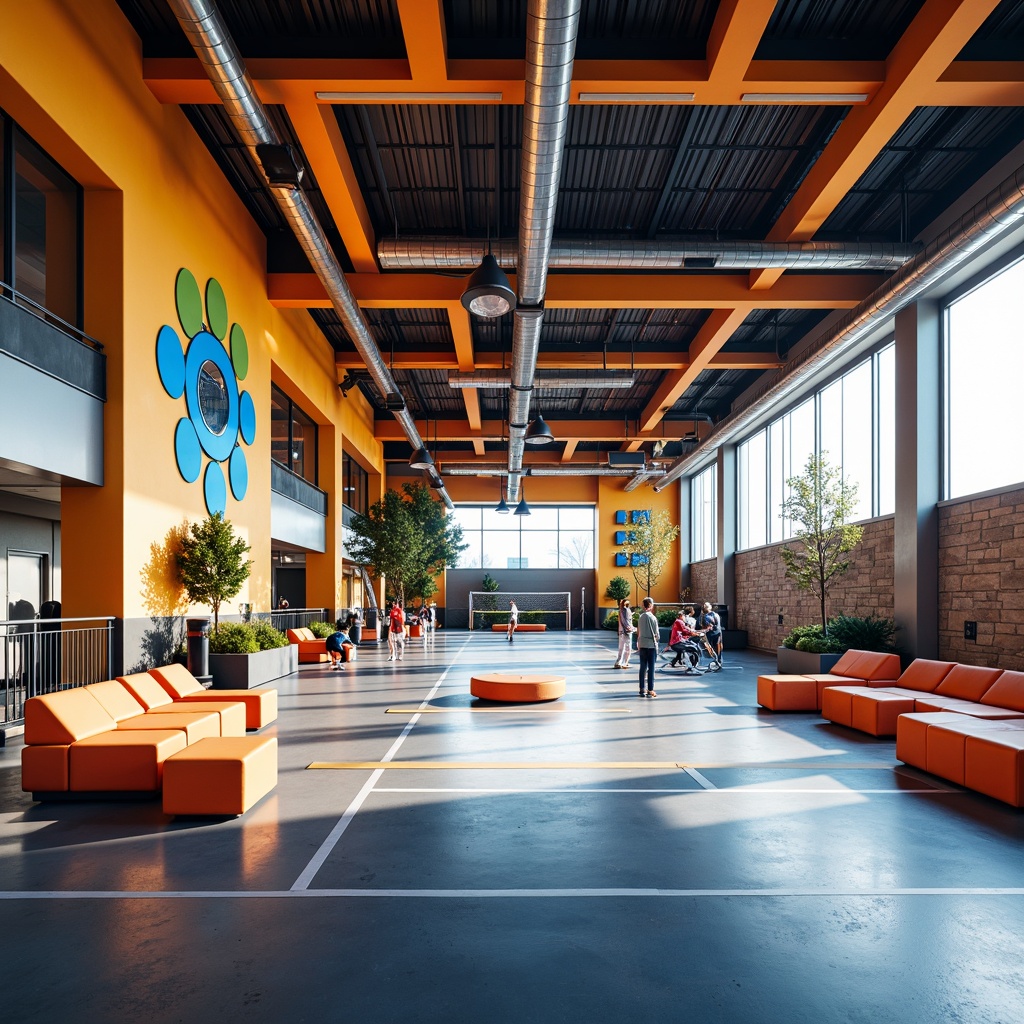 Prompt: Vibrant gymnasium interior, open space layout, postmodernist architectural style, bold color scheme, geometric patterns, irregular shapes, fragmented forms, dynamic lighting, suspended ceilings, exposed ductwork, polished concrete floors, metallic accents, minimalist seating areas, modern fitness equipment, free weights, treadmills, exercise mats, basketball courts, volleyball nets, athletic tracks, natural stone walls, abstract art installations, futuristic ambiance, high-contrast shading, 1/2 composition, cinematic lighting, realistic textures.