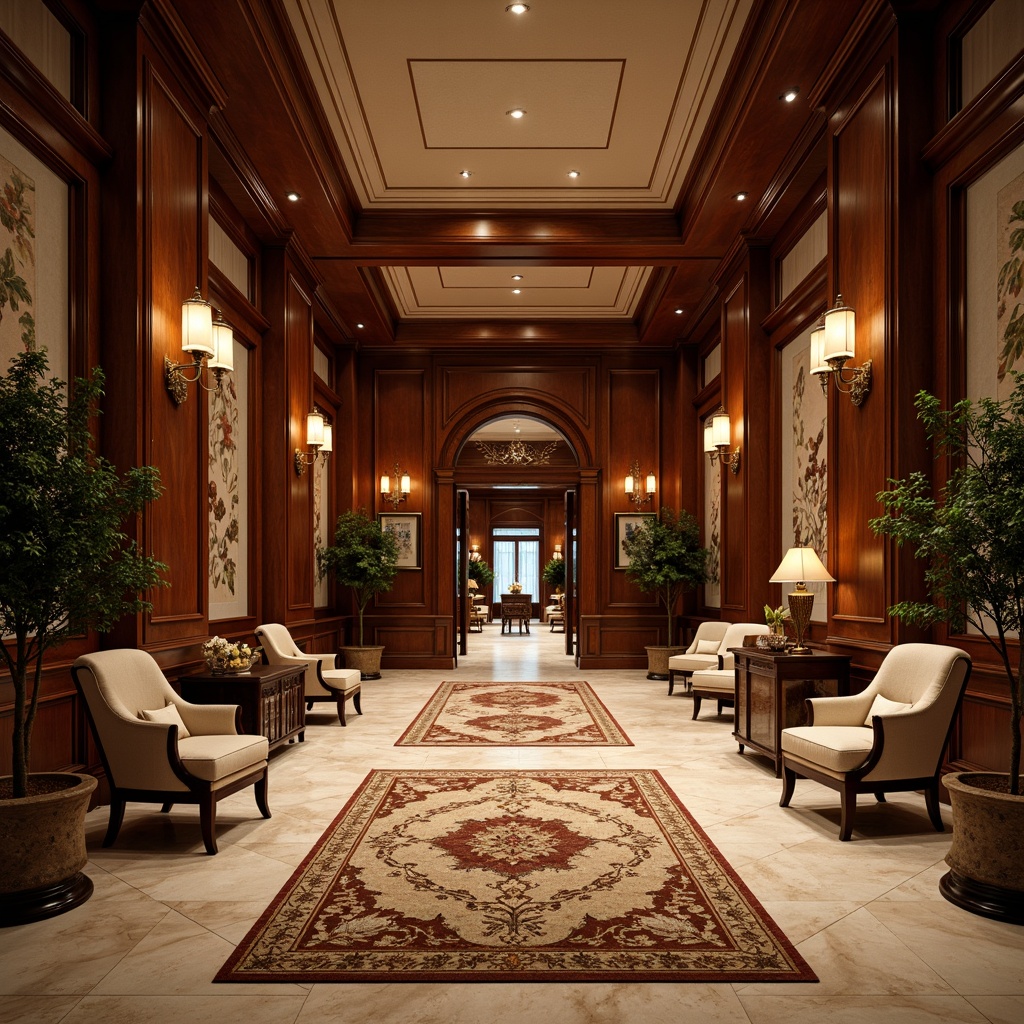 Prompt: Luxurious neoclassical interior, rich wooden flooring, dark walnut panels, high-gloss finish, ornate inlays, subtle marble accents, creamy limestone tiles, soft warm lighting, elegant furnishings, stately columns, carved moldings, ornamental plasterwork, vintage rugs, sophisticated color palette, classic 3/4 composition, harmonious symmetry, atmospheric depth of field.