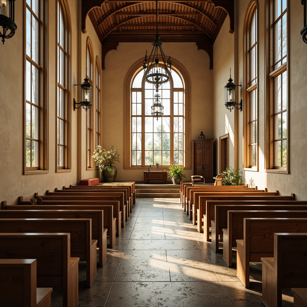 Prompt: Transitional style church, rustic wooden pews, soft warm lighting, stained glass windows, high ceilings, ornate chandeliers, polished stone flooring, warm beige tones, distressed wood accents, vintage metal lanterns, classic architectural details, symmetrical composition, neutral color palette, elegant simplicity, subtle texture variations, ambient shadowing, realistic reflections.