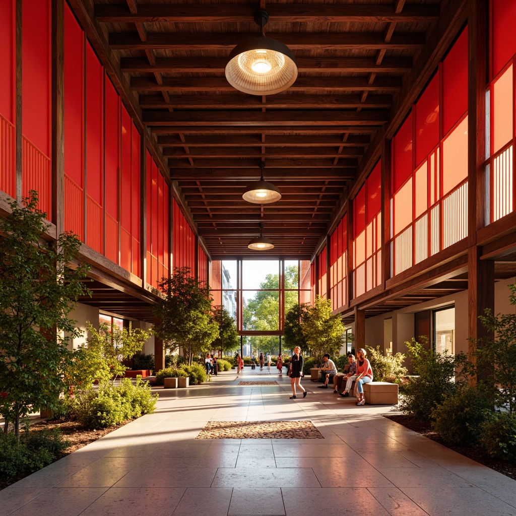 Prompt: Vibrant Asian-inspired distribution center, bold red accents, warm golden lighting, rich wood tones, traditional Japanese shoji screens, natural stone flooring, intricate ceramic tiles, lush greenery, bamboo textures, modern minimalist decor, sleek metal fixtures, subtle gradient effects, shallow depth of field, 1/2 composition, soft focus, realistic ambient occlusion.