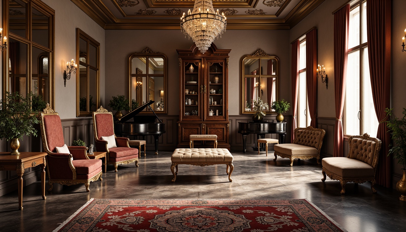 Prompt: Ornate throne chairs, velvet upholstery, carved wooden legs, gilded frames, tufted ottomans, rich brocade fabrics, intricately patterned rugs, crystal chandeliers, polished marble floors, grand pianos, elegant armoires, ornamental mirrors, luxurious drapes, subtle warm lighting, 1/1 composition, realistic textures, ambient occlusion.