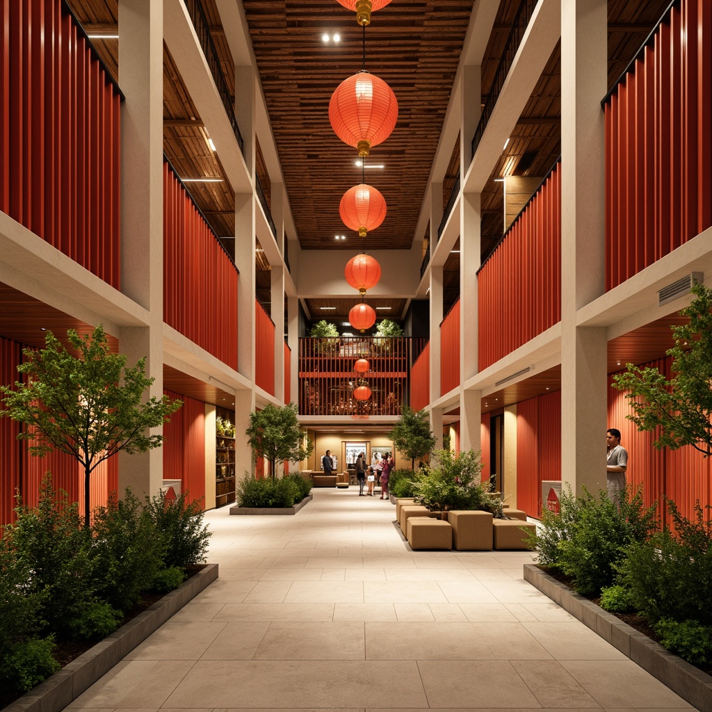 Prompt: Vibrant Asian-inspired distribution centers, warm beige walls, rich wood accents, traditional Chinese lanterns, bold red columns, intricate wooden carvings, natural stone flooring, lush greenery, modern minimalist shelving, sleek metal railings, subtle golden lighting, soft warm ambiance, shallow depth of field, 1/2 composition, realistic textures, ambient occlusion.