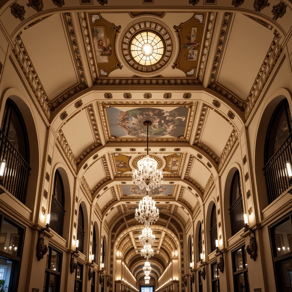 Prompt: Ornate ceiling, intricate moldings, gilded details, ornamental medallions, classical arches, vaulted shapes, decorative friezes, luxurious chandeliers, crystal droplets, opulent frescoes, grandiose proportions, high-contrast lighting, dramatic shadows, warm beige tones, rich wood paneling, subtle texture variations, soft warm glow, 1/2 composition, symmetrical arrangement, realistic material reflections.