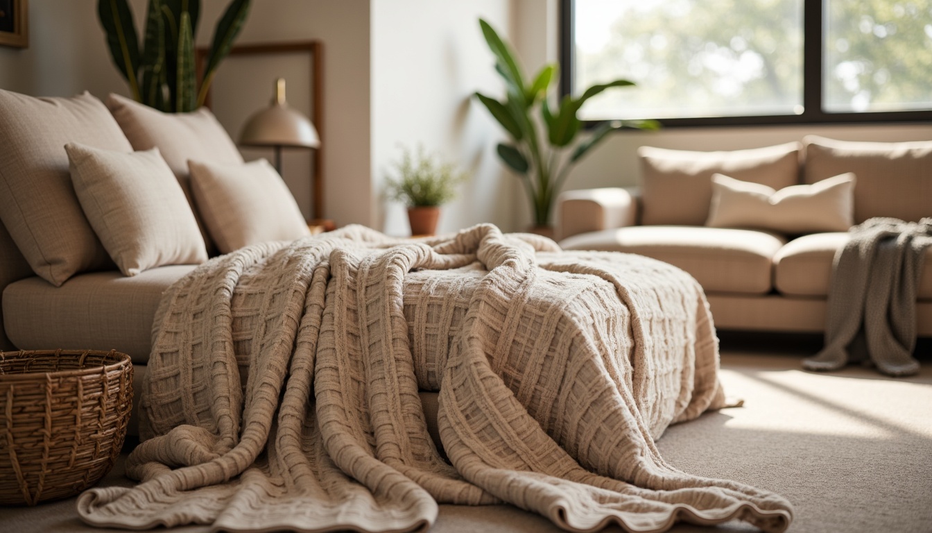 Prompt: Cozy throw blankets, plush velvety fabrics, soft pastel colors, intricate woven patterns, natural fibers, organic materials, warm ambient lighting, inviting lounge chairs, oversized pillows, minimalist decor, modern Scandinavian design, subtle texture contrasts, earthy tone color palette, rustic wooden accents, tranquil atmosphere, shallow depth of field, 1/1 composition, realistic fabric simulations.