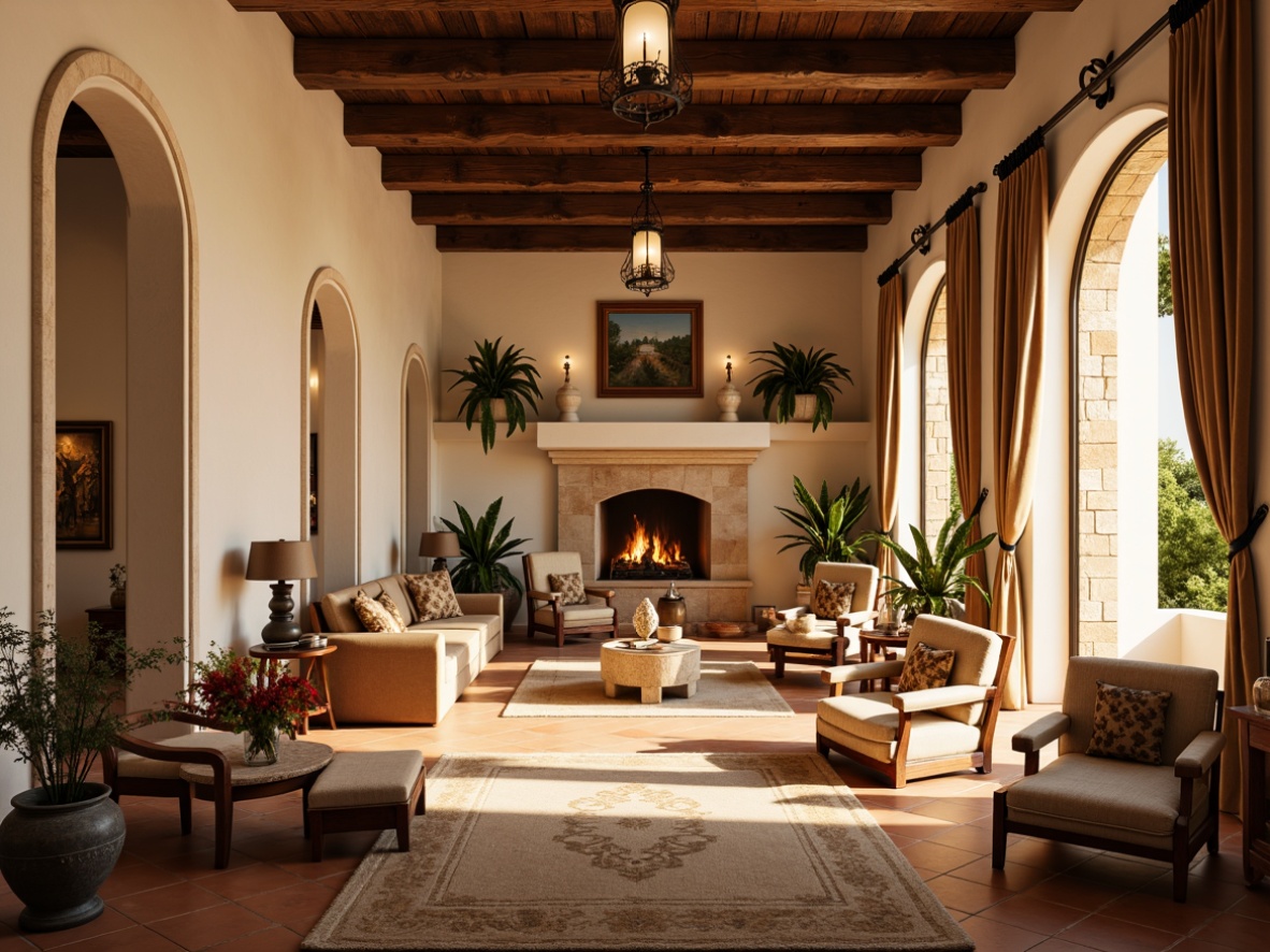 Prompt: Warm Mediterranean interior, soft natural light, creamy white walls, rustic wooden beams, elegant archways, ornate tile work, warm terracotta flooring, cozy nooks, intimate seating areas, ambient table lamps, pendant lanterns, wrought iron chandeliers, warm golden lighting, soft shadows, dramatic ceiling fixtures, rich velvet drapes, luxurious furnishings, vintage decorative accents, earthy color palette, warm beige tones, sun-kissed atmosphere, 1/1 composition, shallow depth of field, realistic textures.