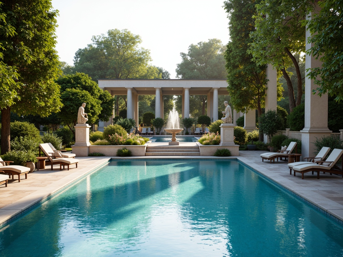 Prompt: Elegant swimming pool, symmetrical layout, ornate fountains, carved stone statues, lush greenery, manicured hedges, vibrant flowers, natural stone walkways, classic columns, arched bridges, serene water features, soft warm lighting, shallow depth of field, 3/4 composition, panoramic view, realistic textures, ambient occlusion.