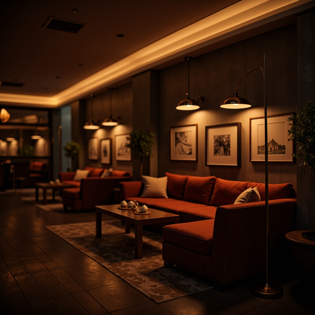 Prompt: Moody lounge, warm ambient lighting, floor lamps, table lamps, pendant lights, cozy atmosphere, rich wood textures, comfortable sofas, velvet cushions, dimmable LED lights, soft warm glow, intimate setting, relaxing ambiance, 1/1 composition, shallow depth of field, cinematic mood, realistic reflections, subtle color grading.