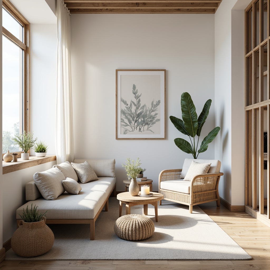 Prompt: Nordic minimalism, light-filled interiors, soft whites, creamy beiges, pale blues, muted greens, natural wood accents, woven textiles, industrial chic metals, matte finishes, subtle patterns, cozy ambiance, warm candlelight, shallow depth of field, 1/1 composition, realistic materials, ambient occlusion.