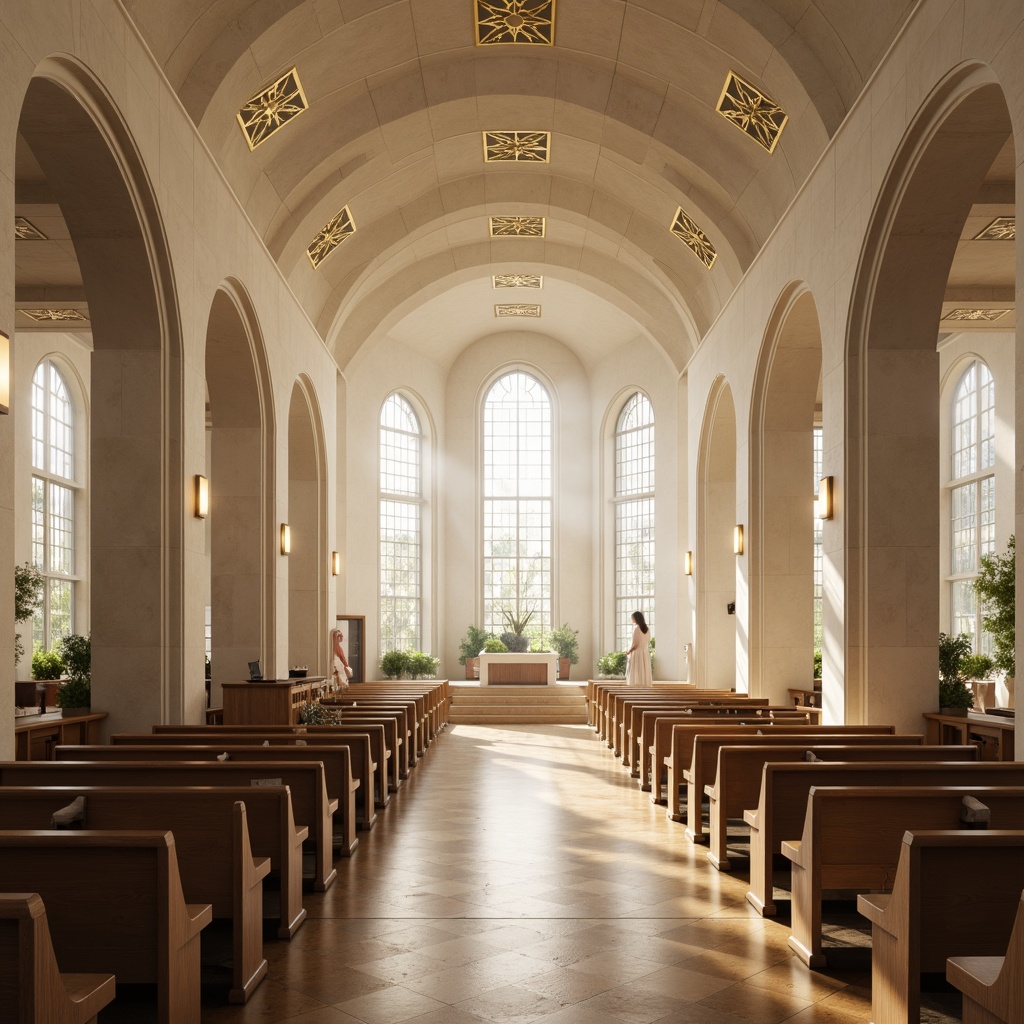 Prompt: Elegant worship hall, curved lines, minimal ornamentation, cream-colored stone walls, polished wooden floors, stained glass windows, geometric patterns, sacred symbols, golden accents, soft diffused lighting, atmospheric fog, shallow depth of field, 1/2 composition, symmetrical balance, minimalist decor, modern sleek pews, flowing curves, organic shapes, subtle textures, ambient occlusion, peaceful atmosphere, serene ambiance.