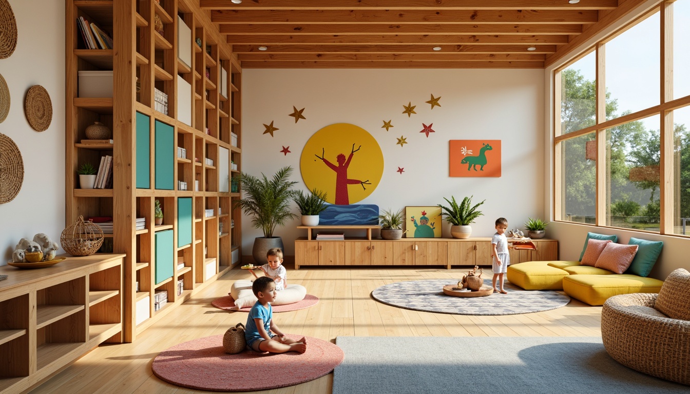 Prompt: Vibrant kindergarten interior, natural wood tones, woven bamboo accents, colorful fabric patterns, soft cushions, rounded edges, minimalist design, functional storage units, educational wall graphics, interactive play areas, circular reading nooks, wooden tables, tiny chairs, Asian-inspired motifs, traditional cultural symbols, warm lighting, cozy atmosphere, shallow depth of field, 1/2 composition, realistic textures, ambient occlusion.