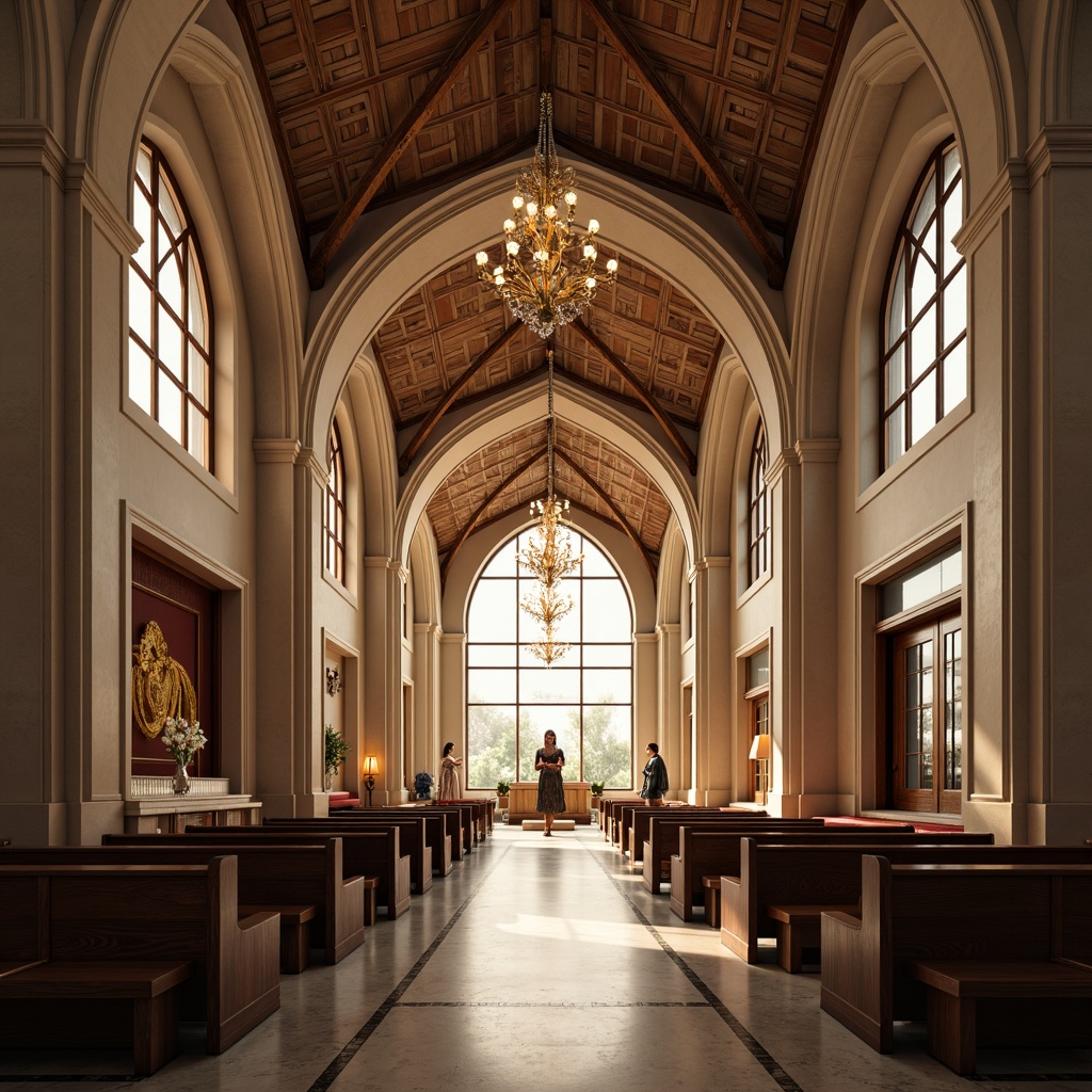 Prompt: Elegant worship hall, curved lines, minimalist decor, sacred symbols, ornate chandeliers, polished marble floors, sweeping arches, ribbed vaults, stained glass windows, ambient lighting, soft shadows, 1/1 composition, symmetrical layout, grand entrance, imposing columns, holy artifacts, intricate mosaics, luxurious fabrics, rich wood tones, subtle textures, warm color palette, peaceful atmosphere.